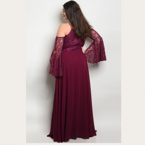Plus Size Plum Lace Bell Sleeve Formal Gown Dress - Picture 3 of 3
